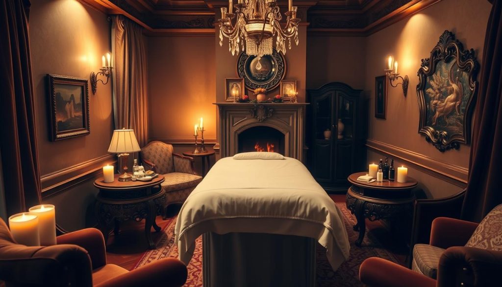 A luxurious, dimly lit room with plush, velvet-upholstered furniture, soft lighting from candles and a crackling fireplace, creating a warm, intimate atmosphere. In the center, a lavish massage table draped in high-quality linens, surrounded by ornate, wooden side tables holding various massage oils and lotions. The room is accented with opulent details like a crystal chandelier, rich textiles, and ornate wall decor, conveying a sense of exclusivity and refinement. The overall scene evokes a VIP, private massage experience in the heart of Istanbul.