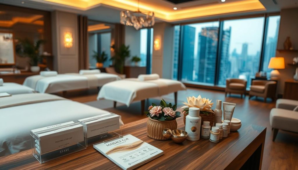 A luxurious salon interior with elegant decor, plush massage tables, and a selection of beauty treatment products. Soft, warm lighting sets a tranquil ambiance, while large windows offer a view of the bustling city outside. The foreground features neatly arranged massage packages and treatment options, displayed on a sleek wooden table. In the middle ground, a serene floral arrangement adds a touch of nature. The background showcases the salon's clean, modern aesthetic with minimalist furnishings and soothing earth-toned accents. The overall scene conveys a sense of relaxation, indulgence, and the perfect fusion of massage and beauty services.
