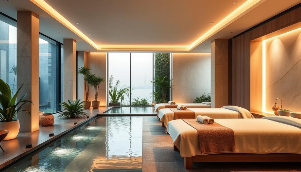 A luxurious spa center nestled in the heart of Istanbul, exuding tranquility and rejuvenation. Soft, warm lighting illuminates the serene interior, where plush massage tables and soothing water features invite visitors to indulge in the ultimate relaxation experience. Sleek, modern architecture frames the space, complemented by the gentle hues of natural stone and wood accents. Lush greenery and calming water elements create a harmonious atmosphere, transporting guests to a peaceful oasis amidst the bustling city. The scene evokes a sense of mindfulness and escape, showcasing the finest masage services and wellness amenities that Istanbul's most renowned spa destinations have to offer.