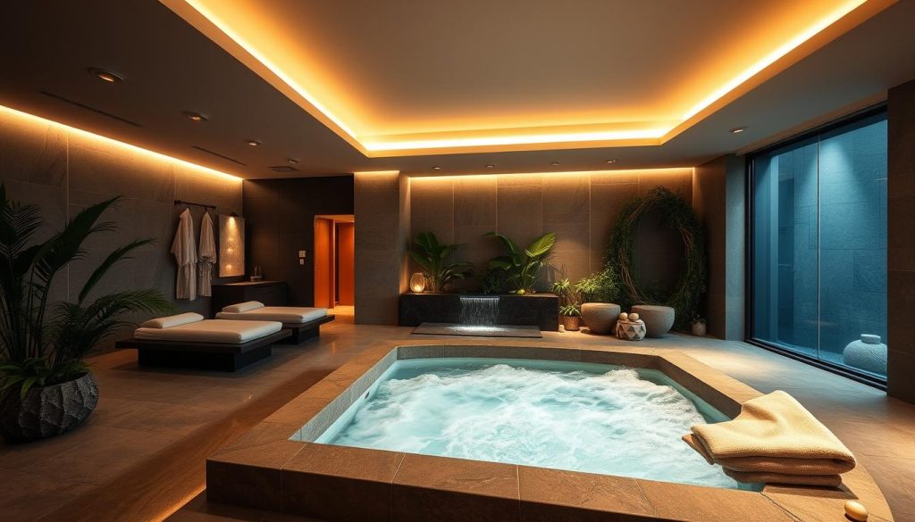 A luxurious spa experience in a modern, sophisticated setting. A spacious, dimly lit interior with soft, warm lighting casting a gentle glow. Plush, neutral-toned furnishings and natural materials like stone and wood create a serene, spa-like ambiance. A large, inviting hot tub takes center stage, surrounded by sleek, minimalist decor. Lush greenery and natural elements, such as a small indoor waterfall, add to the tranquil, restorative atmosphere. High-end amenities and premium-quality robes and towels complete the impression of a truly indulgent, five-star spa experience.