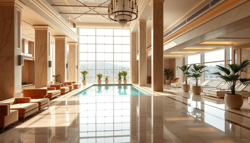 A luxurious spa hotel nestled in the heart of Istanbul, with a serene and elegant ambiance. The grand entrance leads to a vast, sunlit lobby adorned with opulent marble columns and plush velvet furnishings. In the distance, a tranquil indoor pool reflects the natural light, surrounded by sleek modern cabanas and lush potted plants. The spa area features high-ceilinged treatment rooms, where guests can indulge in soothing massages and rejuvenating therapies, all while overlooking the vibrant city skyline through panoramic windows. Soft, warm lighting and muted color palettes create a calming, sophisticated atmosphere, transporting visitors to a sanctuary of relaxation and pampering.