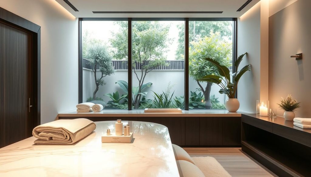 A luxurious spa interior with serene ambiance, soft lighting, and modern minimalist design. A marble countertop with elegant spa products and equipment for a rejuvenating facial treatment. Plush towels, soothing scents, and calming music create a tranquil atmosphere. A large window overlooking a lush garden offers a peaceful, natural backdrop. Sleek, neutral tones and clean lines convey an atmosphere of sophistication and relaxation. The focus is on the high-end spa experience, showcasing the premium services and facilities for a luxurious skin care session.