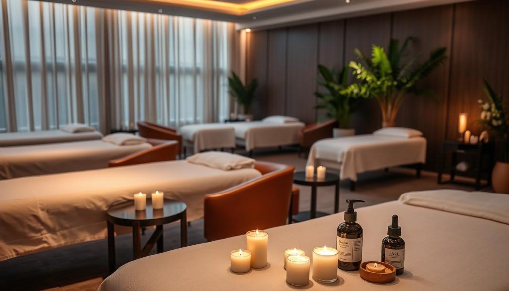 A luxurious spa setting with a soothing, dimly lit ambiance. Soft, natural lighting casts a warm glow over a variety of massage tables, each adorned with crisp, white linens. Plush, leather-upholstered chairs and end tables with lush potted plants create a serene, high-end atmosphere. In the foreground, an array of massage oils, candles, and other aromatherapy elements are artfully displayed, hinting at the diverse range of specialized treatments available. The overall scene conveys a sense of relaxation, indulgence, and personalized pampering, capturing the essence of a premium, tailored massage experience.