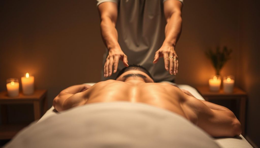A man laying face down on a massage table, as a massage therapist's hands knead and manipulate the muscles along his back and shoulders. The scene is set in a dimly lit, serene massage studio, with soft lighting filtering in from the sides. The atmosphere is calming and tranquil, with soothing ambient music playing in the background. The massage therapist's movements are fluid and precise, as they work to relieve tension and fatigue in the client's body. The man's expression conveys a sense of deep relaxation and rejuvenation, as the massage helps to alleviate the physical strain of both sports and office work.