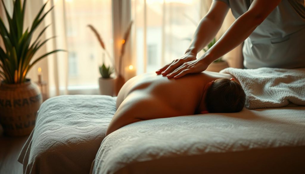 A serene and calming scene of a massage therapy session in a tranquil Istanbul setting. The client lies comfortably on a plush massage table, bathed in soft, warm lighting that creates a soothing ambiance. Skilled hands of a massage therapist work methodically, applying pressure and technique to alleviate tension and stress. The background features natural elements like potted plants, subtle textures, and muted colors that contribute to an overall sense of relaxation and well-being. The composition emphasizes the therapeutic nature of the experience, showcasing the scientific benefits of massage in a visually appealing and inviting manner.
