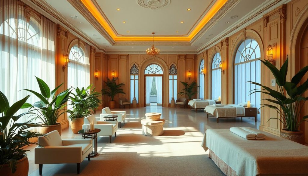 A serene and elegant spa center, bathed in warm lighting, with plush textiles and natural materials creating a soothing ambiance. Lush potted plants and ornate architectural details adorn the space, evoking a sense of tranquility. The layout features a central relaxation area with cozy lounge chairs, surrounded by private treatment rooms. Large windows allow natural light to filter in, casting a soft glow throughout the space. The overall atmosphere is one of relaxation and indulgence, perfectly suited for an exceptional massage experience.