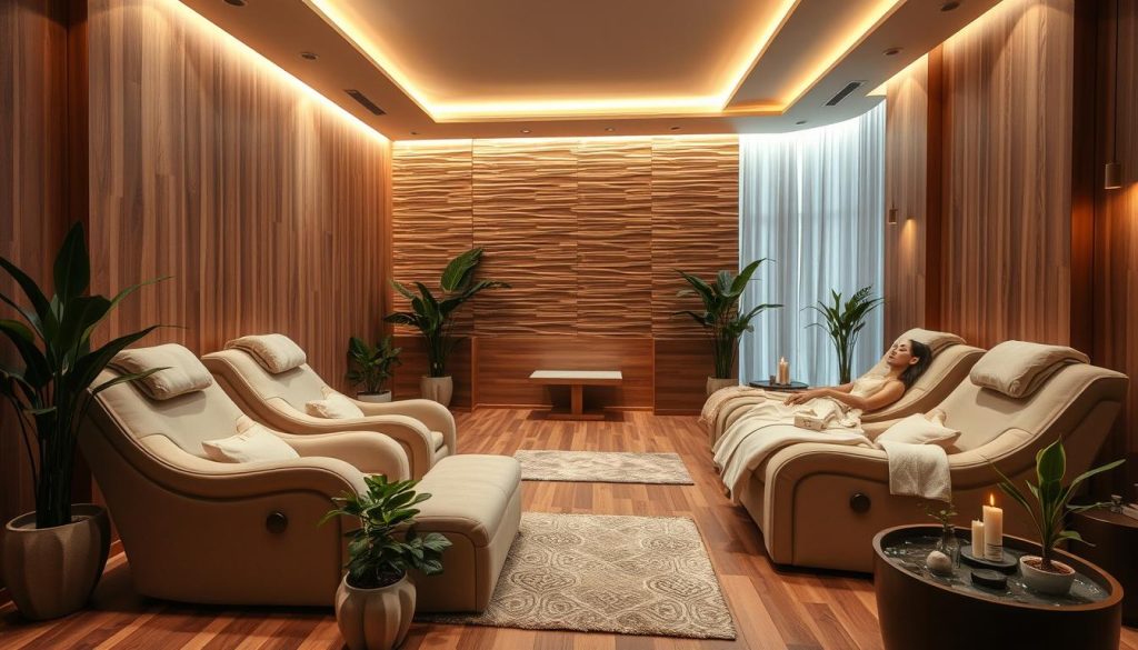 A serene and inviting Kadıköy massage parlor, its interior bathed in warm lighting and natural wood tones. Plush, oversized chairs beckon clients to relax as skilled masseuses perform a variety of soothing techniques - from deep tissue to aromatherapy. The space exudes an atmosphere of tranquility, with soft fabrics, plants, and calming water features creating a sanctuary-like ambiance. Camera angles showcase the professional yet cozy setting, highlighting the harmonious blend of elements that define the Kadıköy massage experience.