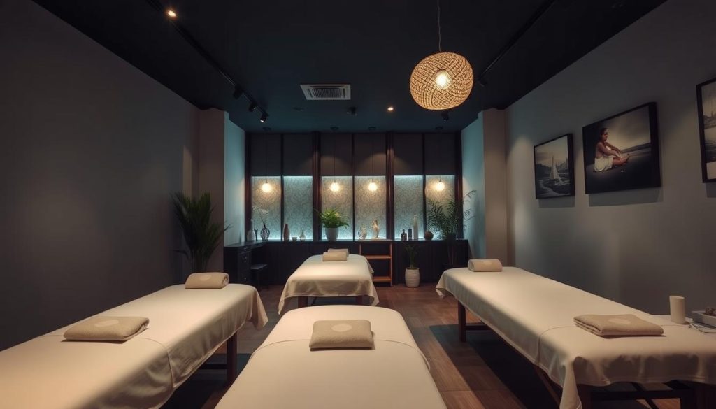 A serene and inviting interior of a Maltepe spa, showcasing the luxurious massage services available. The dimly lit room is adorned with plush massage tables, soft lighting, and soothing decor elements like potted plants and calming artwork on the walls. The atmosphere is one of tranquility and relaxation, with a focus on quality and affordability, catering to those seeking a rejuvenating experience. The camera angle captures the scene from a slightly elevated perspective, highlighting the welcoming ambiance and the attention to detail in the spa's design.