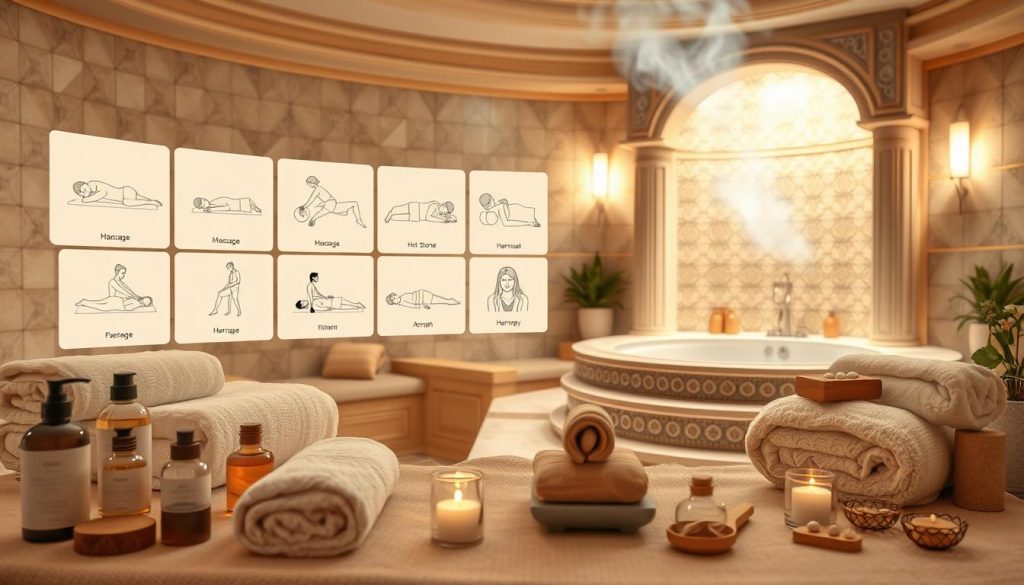 A serene and inviting spa setting, with an array of massage modalities artfully displayed. The foreground features an assortment of massage oils, towels, and tools in a muted color palette, evoking a sense of tranquility. The middle ground showcases a variety of massage techniques, from traditional Swedish to hot stone and aromatherapy, depicted through delicate illustrations. The background depicts a softly lit, luxurious hammam, its intricate tile patterns and steam-filled ambiance setting the stage for an indulgent, romantic retreat. The overall composition conveys a harmonious blend of classic and contemporary spa elements, inviting the viewer to imagine the restorative and rejuvenating experiences awaiting them.