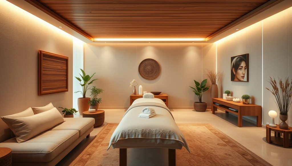 A serene and luxurious spa experience, featuring a tranquil massage center with plush, earth-toned furnishings, soft lighting, and an inviting atmosphere. The space evokes a sense of relaxation and rejuvenation, with natural elements like potted plants and wooden accents creating a soothing ambiance. The focus is on the calming massage experience, with clean, minimalist design and a calming color palette that transports the viewer to a haven of tranquility.