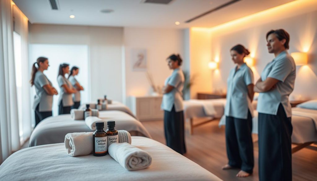 A serene and professional massage therapy studio, illuminated by warm, diffused lighting. In the foreground, a team of certified, attentive massage therapists, each with a neatly folded towel and a selection of soothing, fragrant oils. The middle ground features a tranquil, minimalist setting with plush, inviting massage tables, creating an atmosphere of relaxation and rejuvenation. The background showcases a calming, neutral-toned decor, promoting a sense of peaceful sanctuary. The overall scene conveys a harmonious blend of expertise, care, and a commitment to providing an exceptional massage experience.