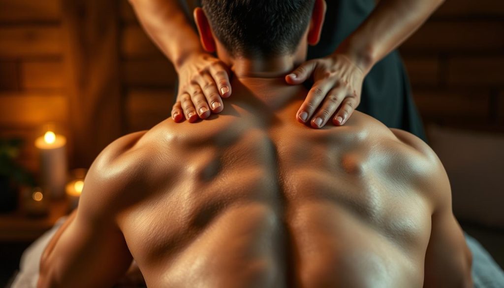 A serene and soothing massage session for a male figure, depicted in a warm, dimly-lit environment. Soft lighting illuminates the muscular back and shoulders, while calming essential oils diffuse in the air. Skilled hands gently knead and manipulate the tense areas, promoting relaxation and improved circulation. The scene evokes a sense of tranquility, with a focus on the therapeutic benefits of massage for men's health and wellbeing.