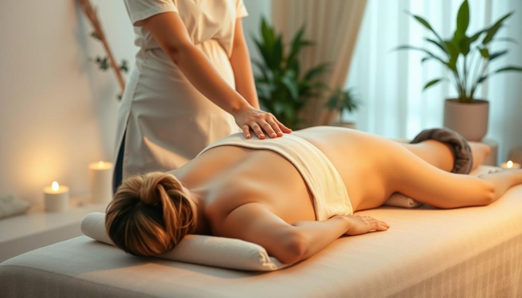 A serene and tranquil massage parlor scene, with a pregnant woman lying on a cushioned table, surrounded by calming natural elements. Soft, indirect lighting casts a warm glow, creating a soothing atmosphere. The masseuse's skilled hands gently work on the woman's back, using gentle, flowing techniques tailored for prenatal care. In the background, potted plants and natural textures evoke a sense of harmony and relaxation. The overall composition conveys a calming, nurturing environment designed to provide a safe and comfortable massage experience for the expectant mother.
