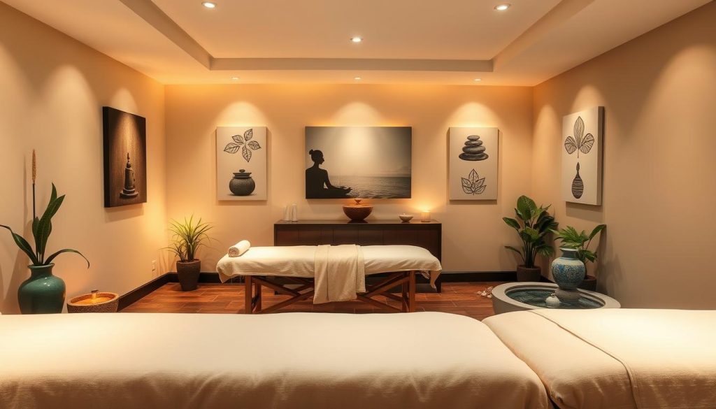 A serene and tranquil massage therapy studio, bathed in warm, soft lighting. Plush massage tables stand ready, surrounded by soothing botanicals and calming water features. The walls are adorned with soothing artwork, creating a zen-like ambiance. Various massage modalities are depicted, from deep tissue and Swedish to hot stone and aromatherapy, each represented by symbolic icons. The overall atmosphere evokes a sense of relaxation and well-being, inviting the viewer to imagine the restorative experience of Maltepe's finest massage therapists.