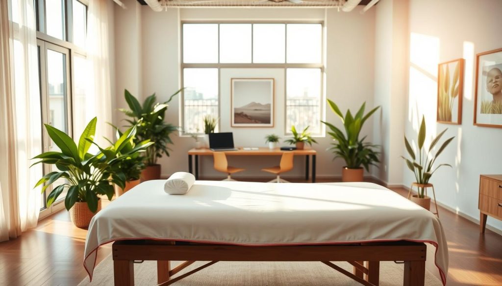 A serene and tranquil office setting, bathed in warm, natural lighting that filters in through large windows. In the foreground, a plush massage table occupies the center, its crisp white linens inviting a sense of relaxation. Lush, verdant plants adorn the space, their vibrant foliage adding a soothing, calming presence. The background features a clean, minimalist design, with sleek, wooden furniture and subtle, calming artwork on the walls. The overall atmosphere exudes a sense of balance, focus, and rejuvenation, perfectly capturing the essence of "stress management and increased focus".