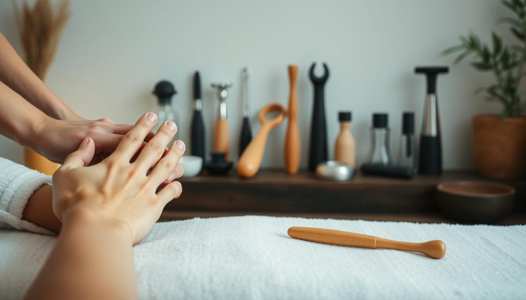 A serene and tranquil scene showcasing an array of massage techniques and modalities. In the foreground, delicate hands expertly manipulate muscles, creating a soothing and restorative experience. The middle ground features various massage tools and implements, each designed to target specific needs. In the background, a calming and minimalist environment with soft lighting and natural textures, exuding a sense of relaxation and well-being. The overall composition conveys the richness and diversity of massage services, inviting the viewer to indulge in a rejuvenating and professional experience.
