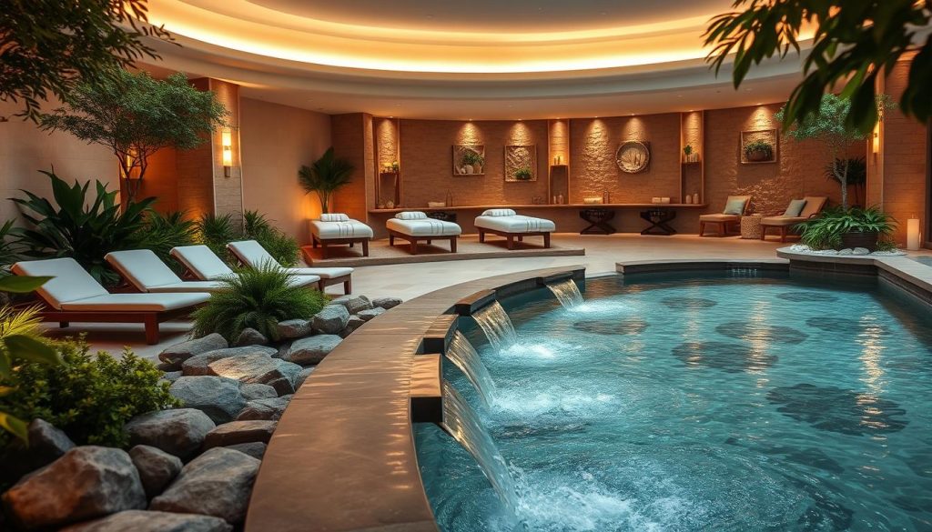 A serene and tranquil spa-like setting, featuring a soothing water feature with gently cascading streams. The foreground showcases an array of plush, inviting lounge chairs surrounded by lush greenery and soothing natural elements. Soft, diffused lighting creates a calming ambiance, while the middle ground features a well-appointed treatment area with massage tables and relaxation accessories. The background depicts a warm, earthy-toned environment with natural stone accents, evoking a sense of wellness and rejuvenation. The overall composition conveys a harmonious, restorative atmosphere primed for relaxation and well-being.