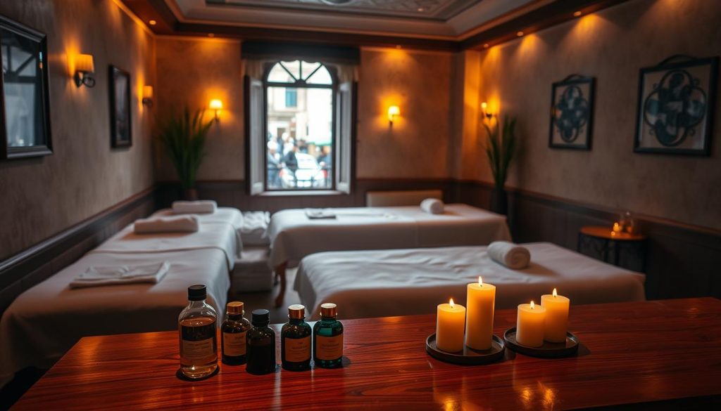 A serene and tranquil spa setting in the heart of the historic Fatih district, with plush massage tables arranged in a cozy, dimly lit space. Soft, warm lighting casts a soothing glow, creating an atmosphere of relaxation and rejuvenation. The walls are adorned with traditional Turkish design elements, transporting the viewer to a place of ancient wellness traditions. In the foreground, massage oils and scented candles sit atop a polished wooden counter, while in the background, a window offers a glimpse of the bustling streets outside, creating a harmonious contrast between the inner sanctuary and the vibrant city. The overall scene evokes a sense of mindful self-care and a respite from the stresses of everyday life.