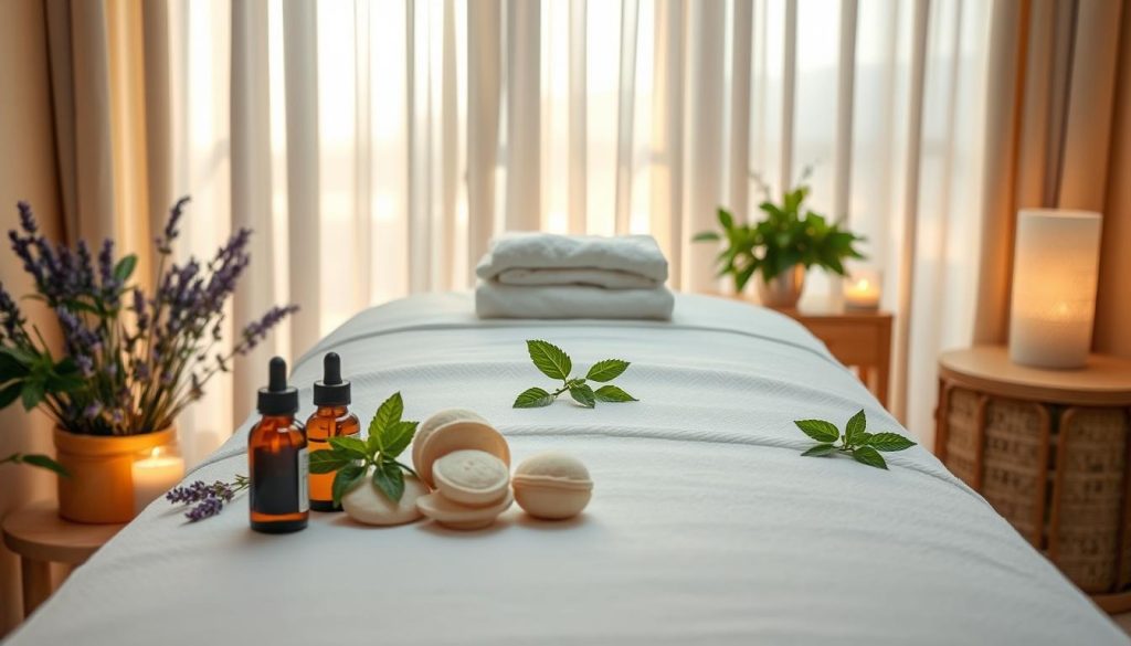 A serene and tranquil spa setting, with a massage table surrounded by an array of essential oils, lavender, eucalyptus, and peppermint. Soft lighting filters through sheer curtains, creating a warm and inviting atmosphere. Plush towels and a selection of natural sponges are neatly arranged, ready for the aromatherapy massage. The scene exudes a sense of relaxation and well-being, inviting the viewer to imagine the soothing and therapeutic experience of an aromatherapy massage.