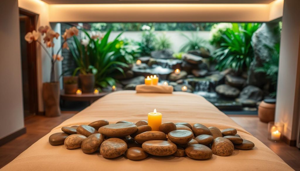 A serene and tranquil spa setting, with a warm and inviting atmosphere. The foreground features a cozy and intimate treatment room, with a plush massage table adorned with soft, luxurious linens. Surrounding the table, an arrangement of smooth, polished river stones in various earthy tones, creating a natural and calming ambiance. In the middle ground, delicate orchids and candles flicker, casting a soft, golden glow throughout the space. The background showcases a panoramic view of a lush, verdant garden, with a small waterfall cascading over weathered rocks, the sound of flowing water adding to the overall sense of serenity. The lighting is soft and diffused, creating a serene and rejuvenating atmosphere, perfect for a pampering spa experience.