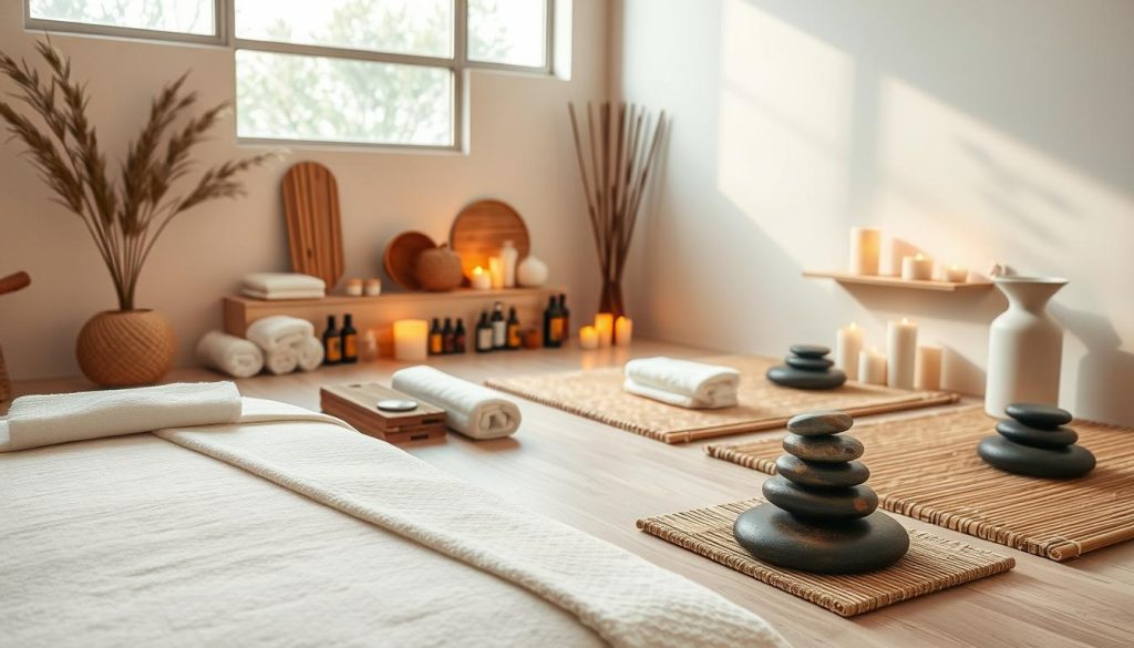 A serene and tranquil spa setting with an array of massage therapy tools and accessories, including plush towels, essential oils, and soothing candles. The scene exudes a calming ambiance, with soft lighting filtering through a large window, casting a warm glow over the relaxing space. The foreground features a well-appointed massage table, while the middle ground showcases various holistic treatment items, such as bamboo mats and therapeutic stones. The background depicts a minimalist, yet elegant decor, with neutral tones and natural elements, creating a harmonious and rejuvenating atmosphere.