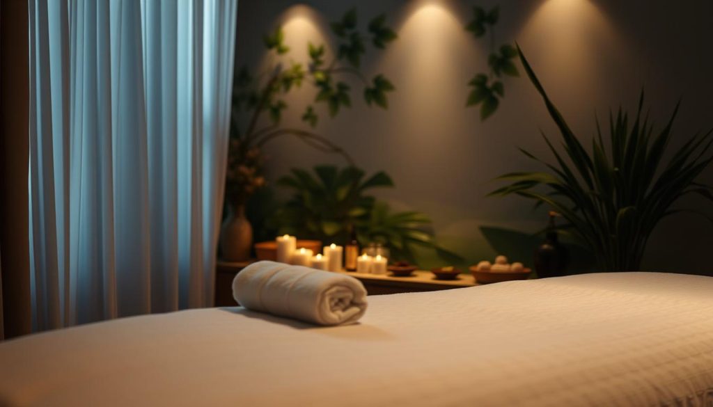 A serene, atmospheric scene depicting the benefits of massage in Bakirkoy. A dimly lit, cozy massage studio with soft lighting filtering through sheer curtains. In the foreground, a plush massage table with crisp white linens and luxurious towels. In the middle ground, an array of fragrant essential oils, soothing incense, and calming background music. In the background, a tranquil, nature-inspired mural with calming greens and blues. The overall mood is one of relaxation, rejuvenation, and a sense of escaping the stresses of daily life.