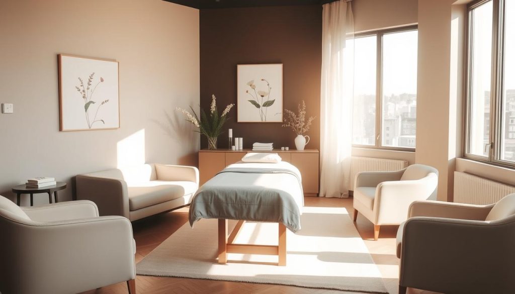 A serene, contemporary massage studio in Istanbul, bathed in warm, natural light. Sleek, minimalist furniture frames a central massage table, draped in soft, neutral linens. Soothing, botanical-inspired artwork adorns the walls, while the faint aroma of essential oils fills the air. Sunlight filters through large windows, casting a gentle, diffused glow across the space. The overall atmosphere is one of tranquility and rejuvenation, inviting visitors to indulge in the latest massage techniques and reconnect with their inner sense of well-being.