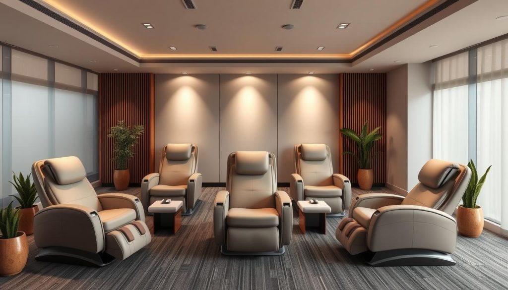 A serene corporate relaxation space with plush, ergonomic massage chairs arranged in a neatly organized layout. Soft, indirect lighting creates a calming ambiance, while soothing nature sounds and the aroma of essential oils fill the air. The chairs are positioned to provide privacy and comfort, allowing executives to unwind and rejuvenate during their busy workday. The room is decorated with tasteful, minimalist decor, featuring natural elements like potted plants and natural wood accents that evoke a sense of tranquility. The overall atmosphere is one of luxurious relaxation, promoting improved productivity, morale, and brand image for the company.