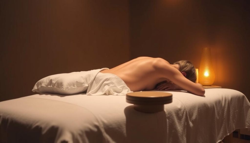 A serene, dimly lit massage studio with warm, earthy tones. Soft, diffused lighting casts a soothing ambiance, highlighting the smooth, toned back of a person lying face down on a massage table draped in crisp, white linens. Plush pillows support the head and neck, while a wooden massage stool sits nearby, within easy reach of the masseuse's skilled hands. The scene exudes a sense of tranquility and relaxation, inviting the viewer to imagine the rejuvenating experience of a professional massage.