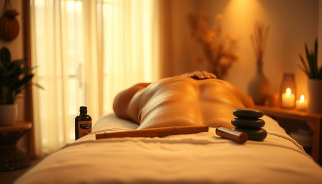 A serene, dimly lit massage studio with warm, soft lighting casting a golden glow. In the foreground, skilled hands gently manipulate the muscles of a back, using soothing, rhythmic strokes. Strategically placed massage oils and tools, such as smooth river stones and bamboo rods, add to the tranquil, therapeutic atmosphere. The middle ground features a massage table draped in crisp, white linens, while the background showcases calming, natural elements like potted plants and a simple, minimalist decor. An overall sense of relaxation, rejuvenation, and holistic wellness permeates the scene.