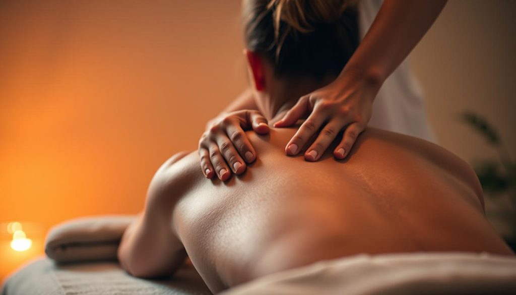A serene, dimly lit massage studio with warm, soothing lighting. In the foreground, the strong, skilled hands of a masseuse gently yet firmly kneading the muscles of a client's back, delving deep into the tissue. The client's face is not visible, but their relaxed posture and expression convey a sense of deep tranquility. The background is softly blurred, creating a sense of focus on the therapeutic massage. The scene evokes a tranquil, restorative atmosphere, highlighting the benefits of deep tissue massage.