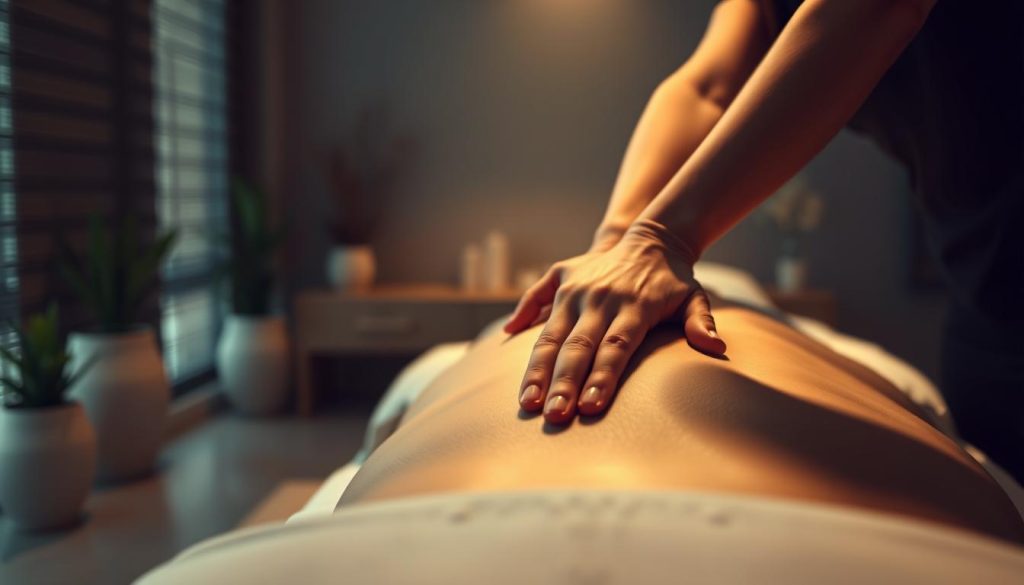 A serene, dimly lit massage therapy studio showcasing a professional masseuse's skilled hands. The foreground features the masseuse's hands performing a deep tissue massage on a client's back, with gentle lighting illuminating the subtle details of their movements. In the middle ground, a plush massage table and calming decor, such as potted plants and natural elements, create a tranquil, spa-like atmosphere. The background is softly blurred, evoking a sense of privacy and relaxation. The overall scene conveys the expertise, care, and personalized attention of a professional massage therapist, capturing the essence of "Profesyonel ve Kişisel Gelişim İmkanları".