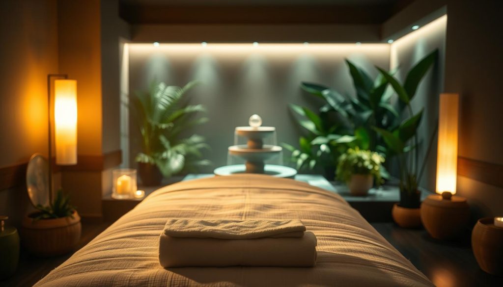 A serene, dimly lit room with soothing, warm lighting. In the foreground, a massage table with crisp white linens and a folded towel. Beside it, an array of essential oils and massage tools. The middle ground features a tranquil, indoor water feature, its gentle sounds echoing throughout. In the background, lush, verdant plants and soft, diffused lighting create a calming, spa-like atmosphere. The entire scene exudes a sense of relaxation and mental well-being, reflecting the restorative effects of massage therapy.