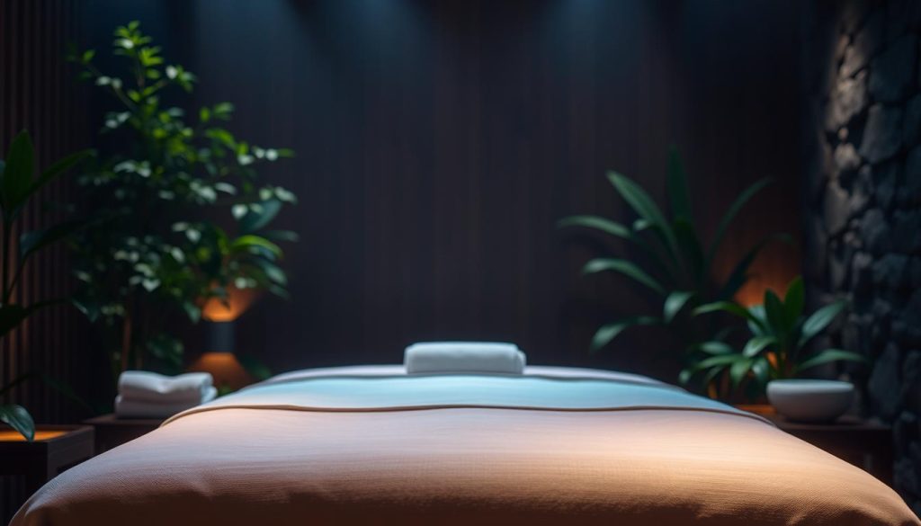 A serene, dimly lit spa-like setting featuring a massage table in the foreground, surrounded by lush foliage and calming ambient lighting. The massage table is adorned with soft, luxurious linens, creating an inviting and relaxing atmosphere. In the background, soothing natural textures, such as wood paneling or stone, set the stage for a tranquil and rejuvenating user experience. The overall composition conveys a sense of comfort, well-being, and a high-quality massage service.