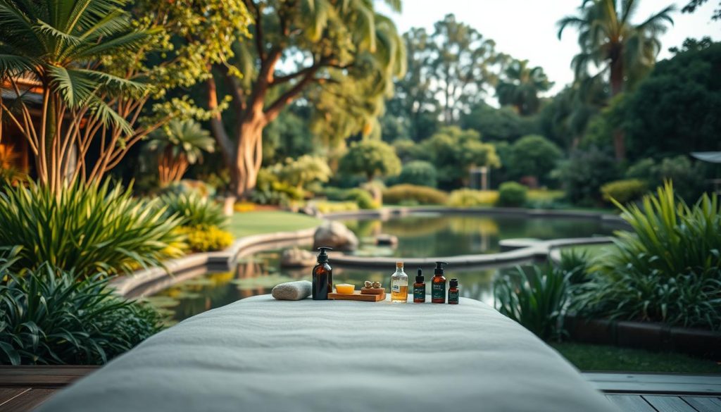 A serene garden oasis with lush greenery, a tranquil pond, and a massage table positioned in the foreground. Soft, diffused lighting casts a warm glow, creating a calming ambiance. In the middle ground, various massage tools and oils are neatly arranged, suggesting the restorative power of this practice. The background features a harmonious blend of natural elements, such as towering trees and a clear sky, evoking a sense of peace and relaxation. The overall composition conveys the soothing and stress-relieving benefits of massage, inviting the viewer to immerse themselves in this restorative experience.