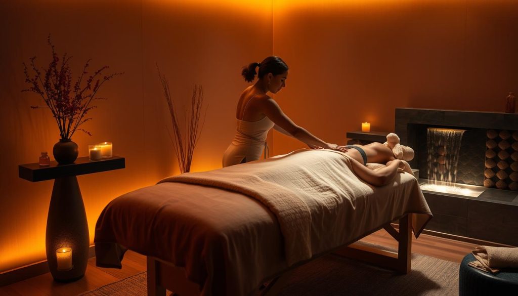 A serene, intimate massage room in Istanbul, dimly lit with warm, golden lighting. Soft, plush fabrics adorn the massage table, inviting the recipient to sink into a state of deep relaxation. The walls are adorned with soothing, earthy tones, creating a tranquil, private atmosphere. Delicate wisps of fragrant essential oils fill the air, enhancing the sensory experience. A tranquil, flowing water feature provides a gentle, calming backdrop, lulling the senses. The massage therapist, their movements graceful and intentional, tailors the experience to the individual's needs, guiding them into a state of profound peace and rejuvenation.
