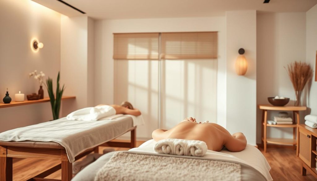 A serene massage studio with soft lighting and clean, modern decor. Wooden tables and plush linens create a relaxing ambiance. A masseuse's skilled hands gently knead muscles, coaxing tension out of the body. Essential oils diffuse, filling the air with soothing scents. A variety of massage techniques are showcased, from deep tissue to Swedish, all designed to promote holistic well-being. The viewer is invited to imagine themselves in this tranquil space, experiencing the restorative power of professional massage therapy.