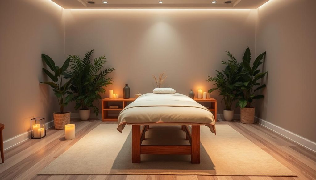 A serene massage therapy room with soft lighting, calming colors, and soothing textures. A wooden massage table stands in the center, surrounded by lush greenery and flickering candles. The atmosphere is tranquil and restorative, inviting the viewer to imagine the physical and mental benefits of this therapeutic practice. The camera angle is slightly elevated, capturing the harmonious balance of the space and the healing energy it exudes.