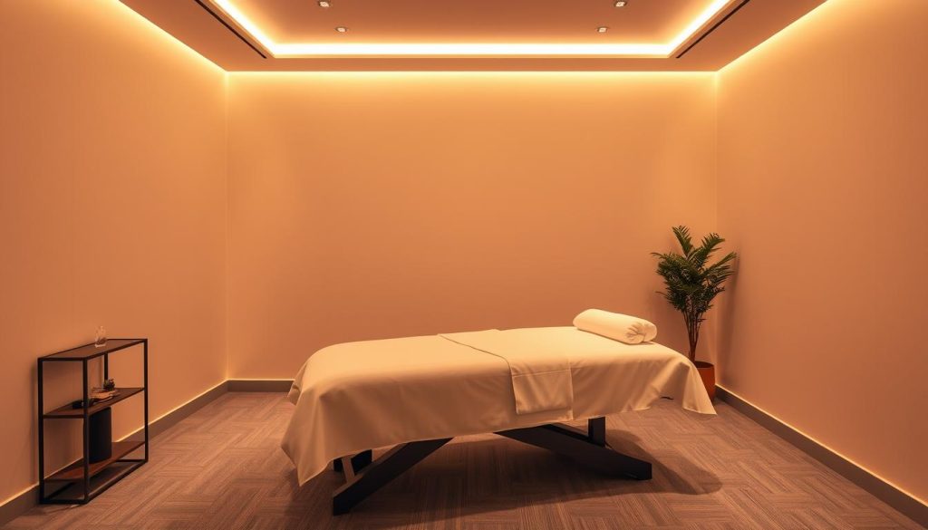 A serene, minimalist corporate VIP massage suite with a sleek, contemporary design. The room is bathed in soft, warm lighting, creating a soothing ambiance. A single, elegant massage table is the focal point, surrounded by carefully curated decor elements like a modern, freestanding shelving unit and a potted plant. The overall mood is one of tranquility and relaxation, perfectly suited for an exclusive, high-end corporate event experience.