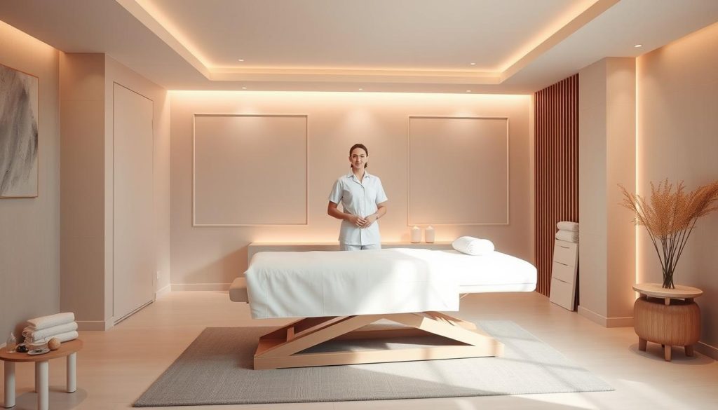 A serene, minimalist interior with a cozy, inviting ambiance. In the foreground, a professional massage therapist stands beside a modern massage table, clad in a crisp, white uniform. Soft, diffused lighting creates a calming atmosphere, while the background features clean, geometric lines and muted tones, evoking a sense of tranquility. The overall scene conveys a high-quality, spa-like experience, perfect for showcasing the skilled masseuses of Kadıköy.