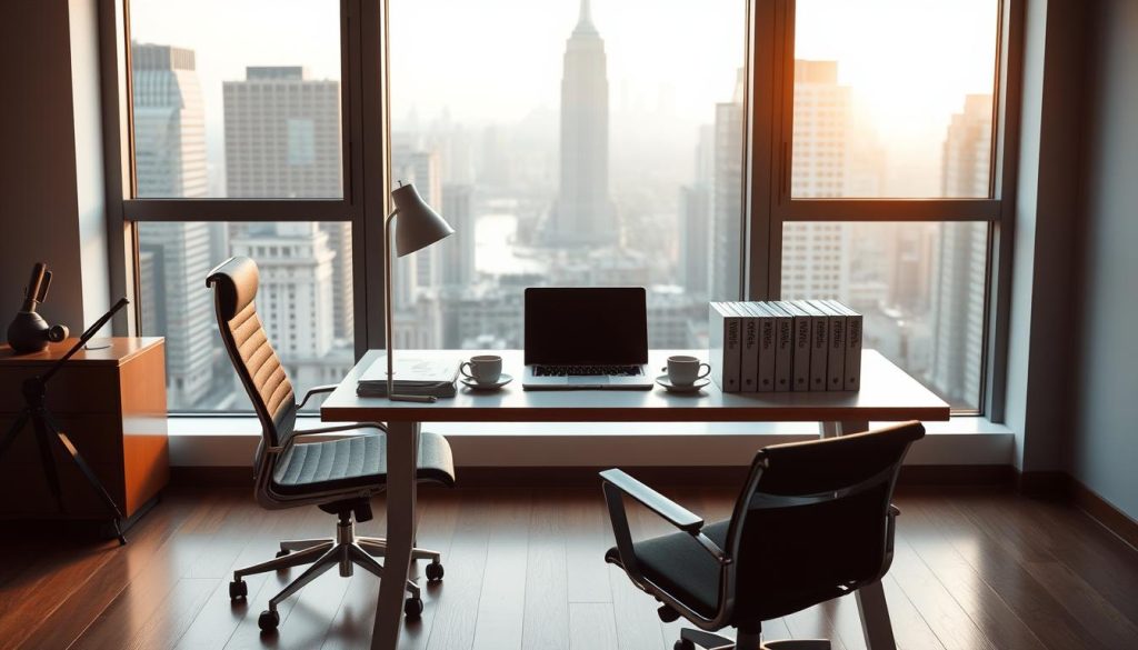 A serene, minimalist office space with a sleek desk, ergonomic chair, and a large window overlooking a bustling city skyline. Soft, natural lighting filters in, casting a warm, productive glow. On the desk, a laptop, a cup of coffee, and several neatly organized folders containing analysis and leadership profiles. The atmosphere conveys a sense of focused professionalism and a dedication to professional growth and success.