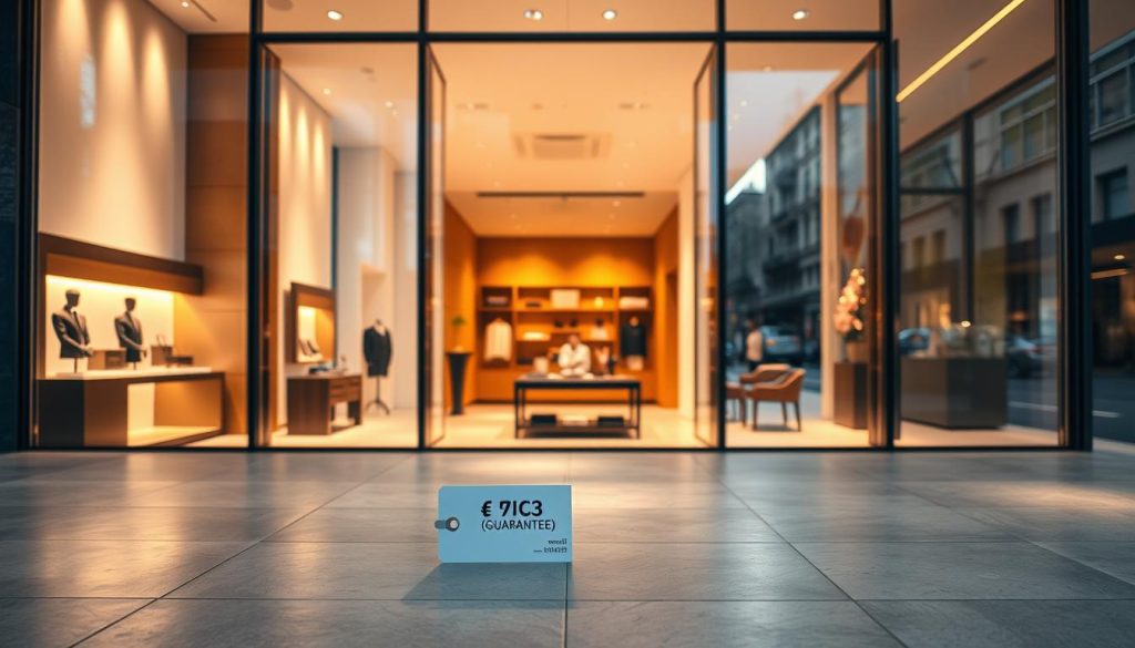 A serene, minimalist scene showcasing customer satisfaction and price guarantee. A sleek, modern storefront with large glass windows displays elegant product displays. Warm, diffused lighting illuminates the space, creating a welcoming ambiance. In the foreground, a discreet price tag stands out, emphasizing the guarantee. The middle ground features carefully curated merchandise, exuding quality and attention to detail. The background hints at a bustling urban street outside, contrasting the tranquil, customer-centric interior. Overall, a visually compelling representation of a premium retail experience focused on customer experience and transparent pricing.