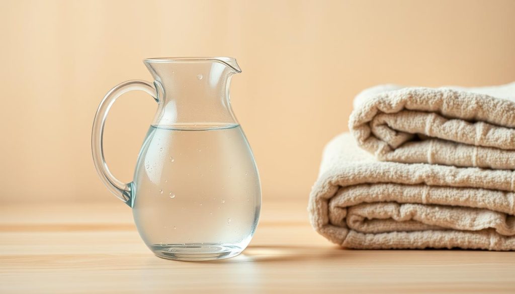 A serene, minimalist still life capturing the essence of pre-massage hydration. A glass pitcher filled with clear, refreshing water sits atop a smooth, light-colored wooden surface, reflecting the warm, ambient lighting. Droplets of condensation adorn the pitcher, suggesting its coolness. Nearby, a stack of soft, plush towels in muted, natural tones evokes a sense of tranquility and relaxation. The composition emphasizes simplicity, cleanliness, and the importance of proper hydration before a rejuvenating massage experience.