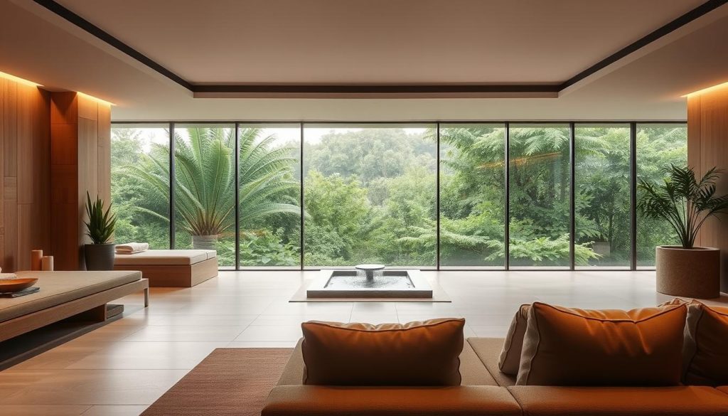 A serene, modern spa interior with a tranquil atmosphere. A large, floor-to-ceiling window offers a panoramic view of lush greenery outside. Soft, indirect lighting creates a calming ambiance, while natural materials like wood and stone contribute to the spa's relaxing vibe. The foreground features a cozy seating area with plush, minimalist furniture, while the middle ground showcases a soothing water feature or fountain. The background blends seamlessly with the natural surroundings, evoking a sense of escape and rejuvenation. The overall composition conveys a high-end, premium spa experience that caters to the needs of those seeking relaxation and wellness.