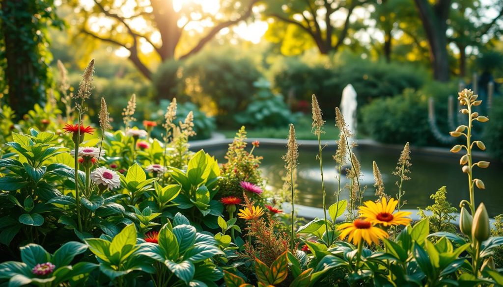 A serene, natural scene depicting a lush, verdant garden with vibrant, nourishing plants and herbs. The foreground showcases an array of leafy greens, vibrant flowers, and thriving medicinal herbs, each element radiating a sense of vitality and health. The middle ground features a tranquil pond or fountain, its calming waters reflecting the abundant foliage. In the background, a warm, golden light filters through the canopy of trees, creating a gentle, soothing atmosphere. The overall composition conveys a sense of balance, harmony, and the power of nature to support and strengthen the body's natural defenses.