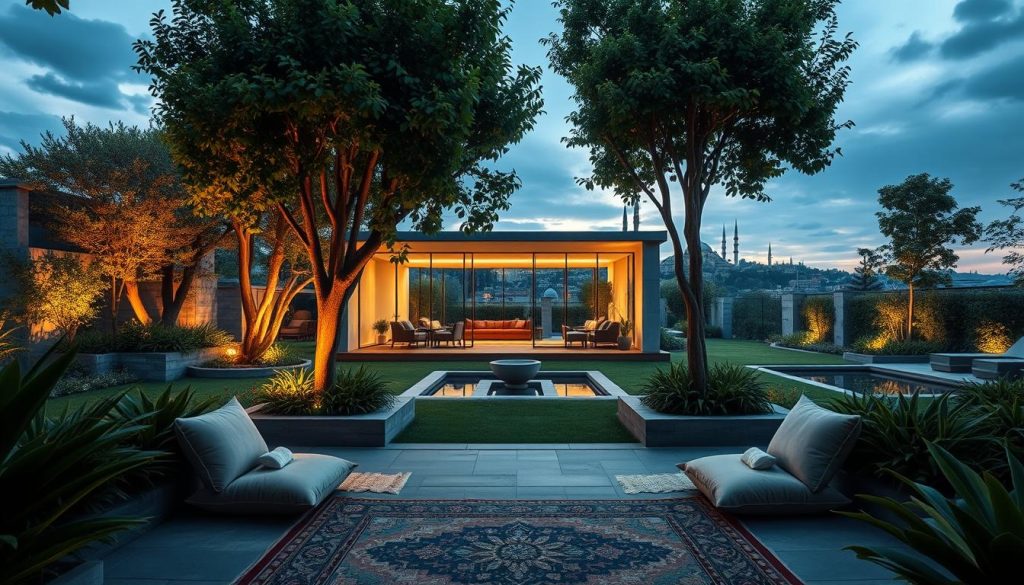 A serene outdoor scene in Istanbul, Turkey, showcasing the harmony of physical and mental wellness. A tranquil garden oasis with lush greenery, soothing water features, and a calming, warm lighting that casts a soft glow. In the foreground, a peaceful meditation area with plush cushions and ornate rugs, inviting visitors to find their inner balance. The middle ground features a modern, yet minimalist wellness center, its architecture blending seamlessly with the natural surroundings. In the distance, the iconic silhouettes of historic Istanbul landmarks, a reminder of the city's rich cultural heritage. The overall atmosphere evokes a sense of rejuvenation, where the mind and body can find respite from the demands of daily life.