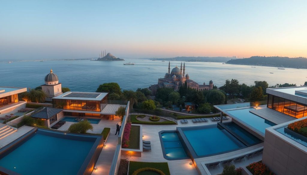 A serene, panoramic view of a luxurious spa resort nestled along the picturesque shores of the Bosphorus Strait in Istanbul. The scene features a sprawling, modern spa complex with sleek, glass-enclosed pools and terraces that overlook the calm, azure waters and the historic, domed silhouettes of the city skyline in the distance. Warm, diffused lighting creates a soothing, tranquil ambiance, while the carefully curated landscaping with lush greenery and vibrant flowers adds to the overall sense of relaxation and rejuvenation. The image exudes an air of exclusivity and high-end sophistication, perfectly capturing the essence of Istanbul's premier massage and spa destinations.