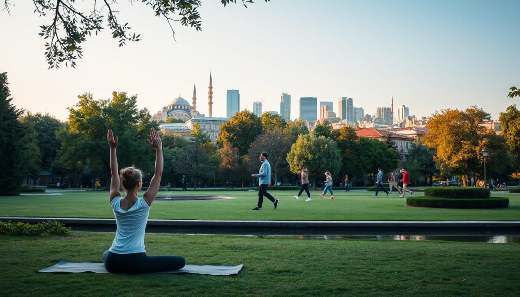 A serene park in Istanbul, with lush greenery and calming water features. In the foreground, a person practices yoga on a mat, finding balance and inner peace. In the middle ground, professionals walk through the park, pausing to take a moment of respite from their busy workday. The background showcases the iconic skyline of Istanbul, a vibrant mix of ancient architecture and modern skyscrapers. Soft, warm lighting filters through the trees, creating a tranquil atmosphere that balances the energy of the city. The scene conveys a harmonious coexistence of wellness and work-life balance, inspired by the unique charm of Istanbul.