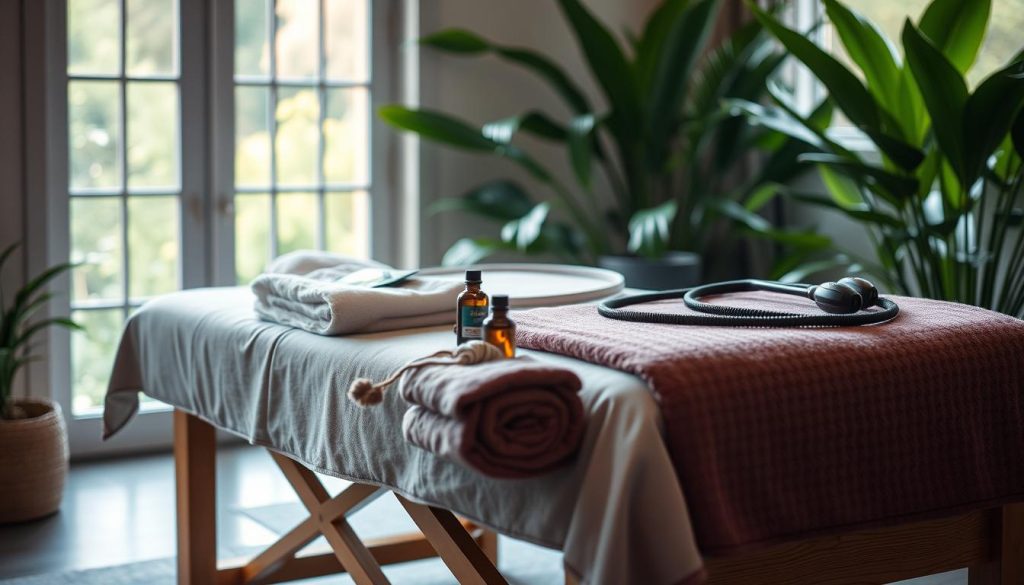 A serene post-workout recovery scene: a massage table set in a tranquil, natural setting, with soft lighting filtering through large windows. Plush towels, calming essential oils, and soothing music create a rejuvenating atmosphere. The table is adorned with sleek, modern equipment, hinting at the professional, therapeutic experience to come. Lush, verdant plants in the background evoke a sense of balance and renewal. The overall composition conveys a holistic approach to male wellness, where the body and mind are nurtured after the rigors of physical exertion.