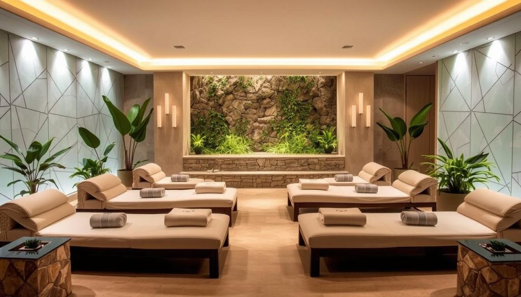 A serene spa interior with a soothing ambiance, featuring plush lounge chairs, soft lighting, and lush greenery. The space is adorned with natural stone accents, creating a calming, spa-like atmosphere. The camera angle captures a wide, panoramic view, highlighting the spacious and inviting layout of the spa center. The lighting is soft and diffused, creating a warm and tranquil mood. The overall scene evokes a sense of relaxation and rejuvenation, perfectly encapsulating the essence of the "Best 10 Spa Centers in Istanbul" section.